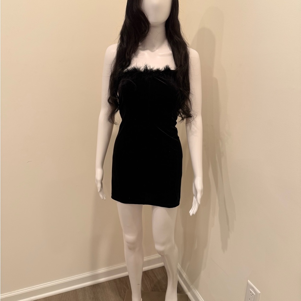 Superdown Faux Fur Black Strapless Mini Dress